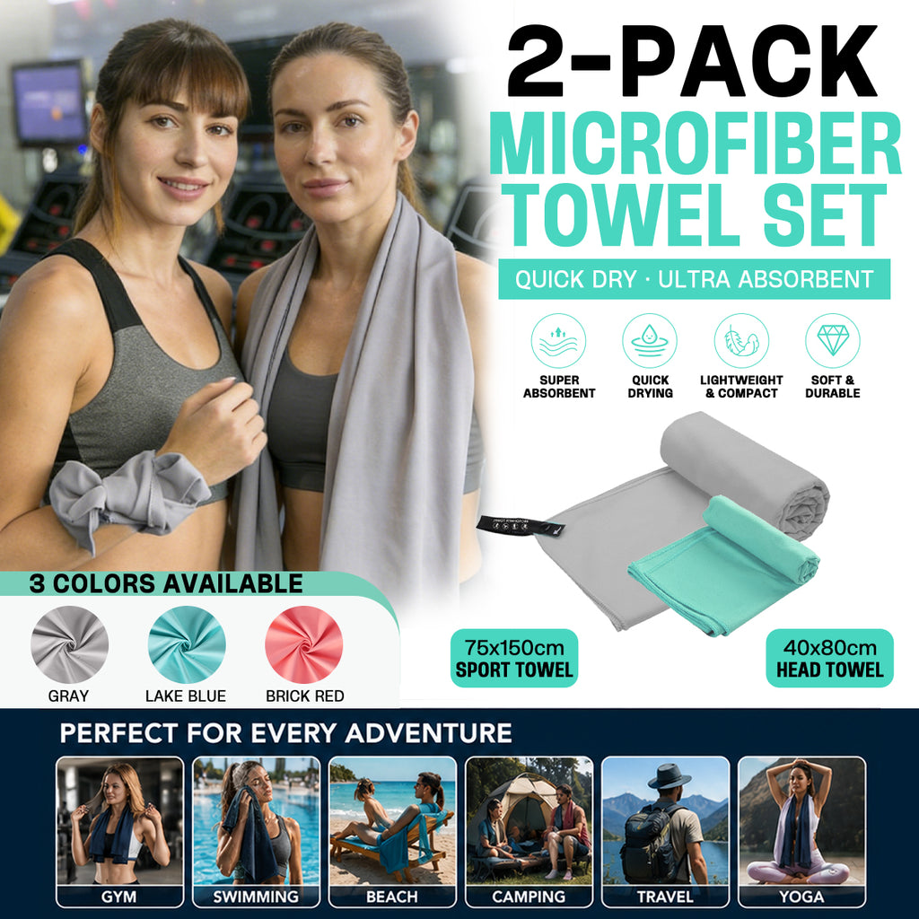 OZAEO 2-Pack Microfiber Travel Towels | Quick Dry & Ultra Absorbent Gym, Beach & Camping Towels