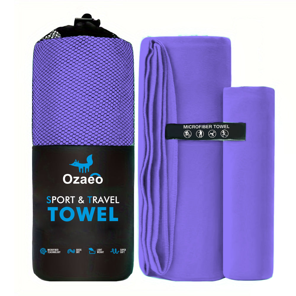 Ozaeo Premium Multi-Purpose Towel Set (2-Pack) | Super Absorbent Travel & Sports Towels (50x100cm & 80x180cm) with Portable Mesh Carrying Bag