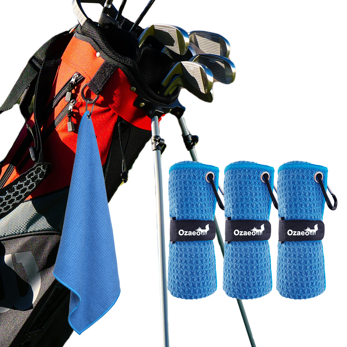 OZAEO Golf Towels 3-Pack | Quick Dry Microfiber Golf Bag Towel with Carabiner Clip | Custom Golf Gifts