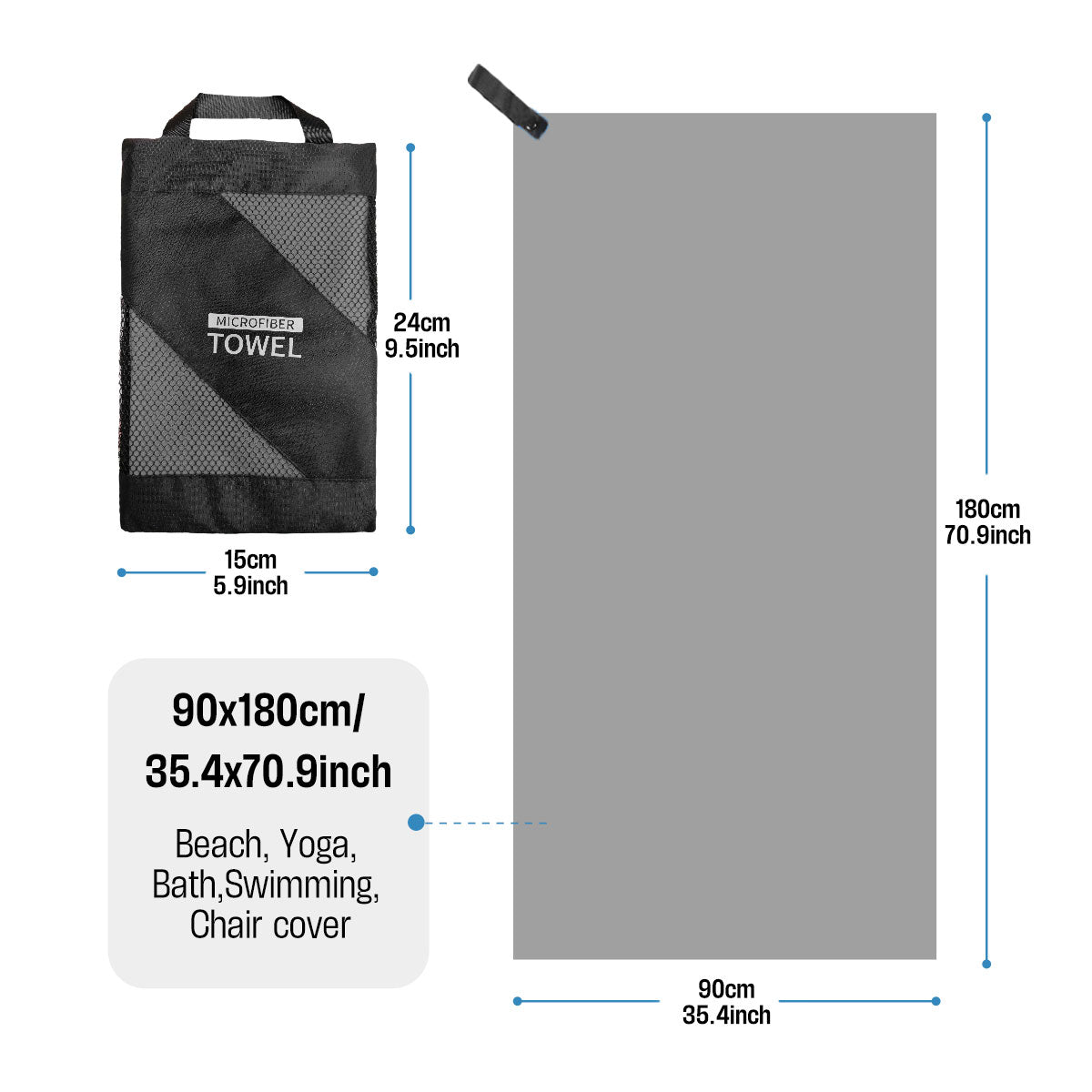 Large Microfiber Beach Towel – Quick Dry Travel Towel 90×180cm