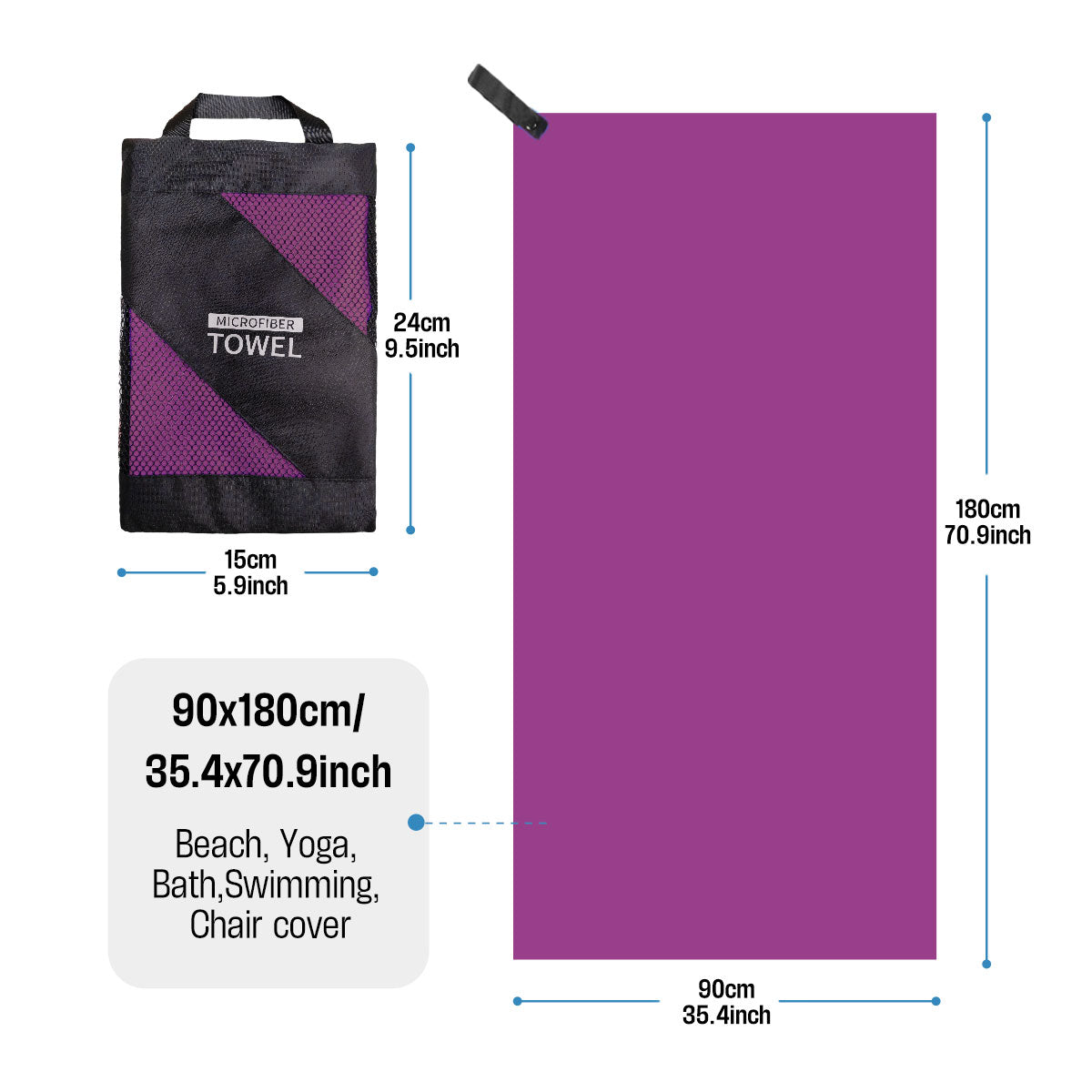 Large Microfiber Beach Towel – Quick Dry Travel Towel 90×180cm