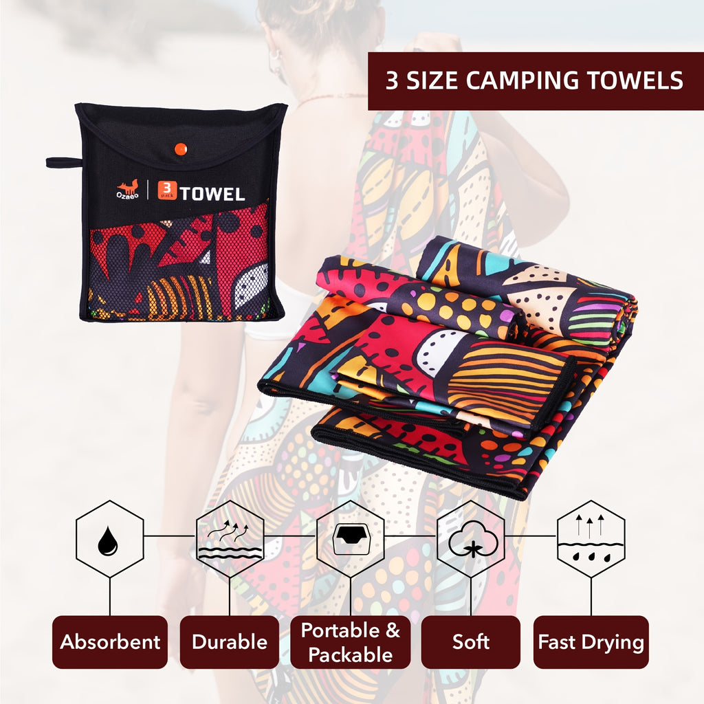 OZAEO Microfiber Beach Towel Set 3-Pack | Quick Dry, Sand Resistant & Ultra Absorbent Travel Towels with Mesh Bag