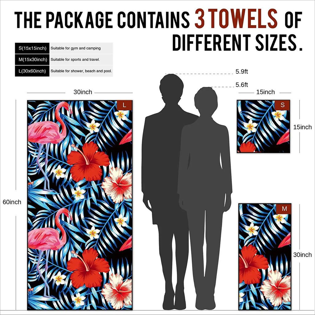 OZAEO Microfiber Beach Towel Set 3-Pack | Quick Dry, Sand Resistant & Ultra Absorbent Travel Towels with Mesh Bag
