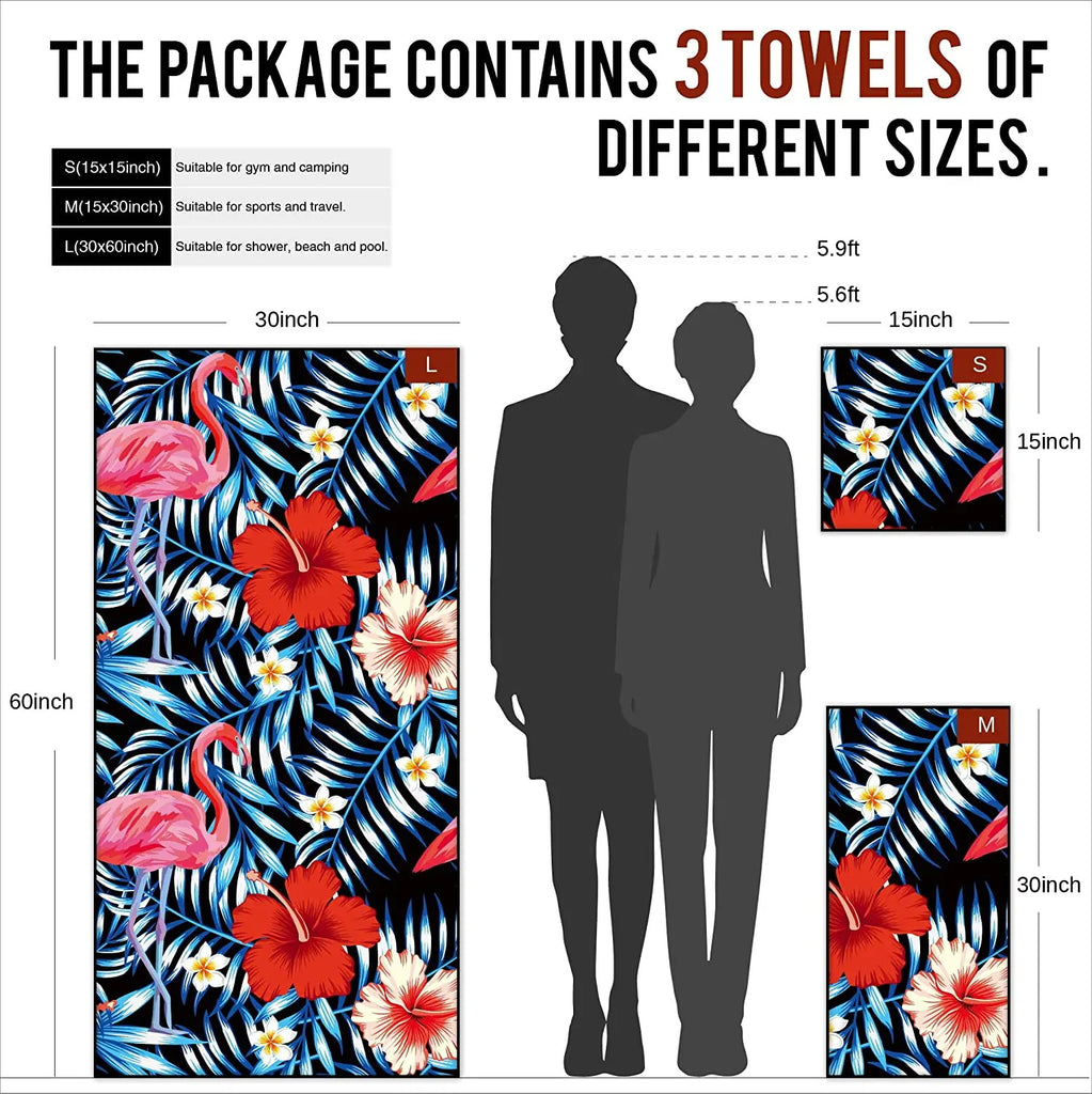 OZAEO Microfiber Beach Towel Set 3-Pack | Quick Dry, Sand Resistant & Ultra Absorbent Travel Towels with Mesh Bag