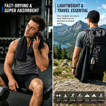Load image into Gallery viewer, Ozaeo Absorbent Black Sports Towel 40x88cm, Compact Workout &amp; Gym Towel with Mesh Cylinder Pouch for Fitness, Running, Yoga