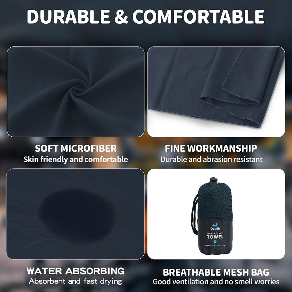Ozaeo Absorbent Black Sports Towel 40x88cm, Compact Workout & Gym Towel with Mesh Cylinder Pouch for Fitness, Running, Yoga